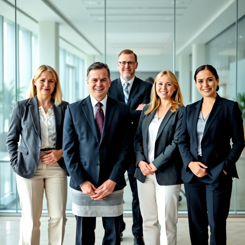 Professional executive team in business attire standing in modern banking office with glass conference room background, representing senior leadership and financial expertise
