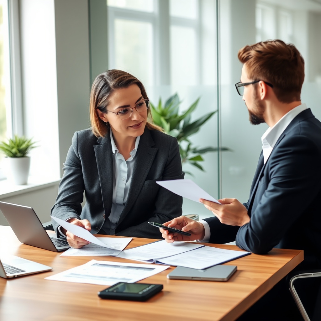 Professional financial advisor consulting with individual client about personal lending solutions, showing documents and calculator on modern office desk