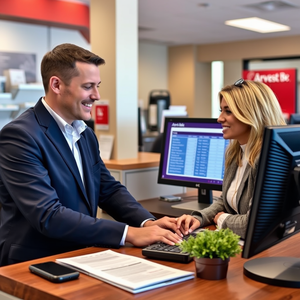 Professional financial advisor helping a customer calculate personal loan options on a computer screen in a modern Arvest Bank branch office