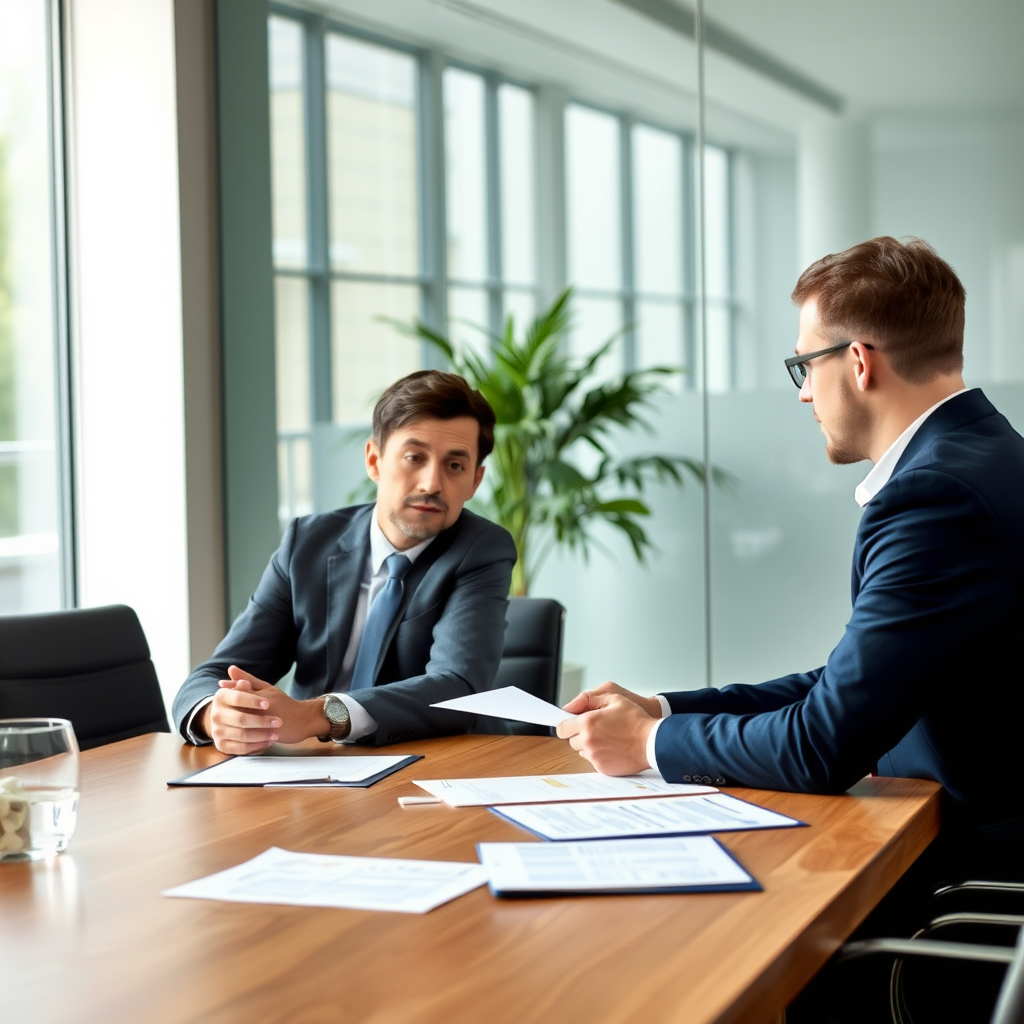 Professional business meeting with entrepreneurs discussing financing options and loan documents at a modern conference table