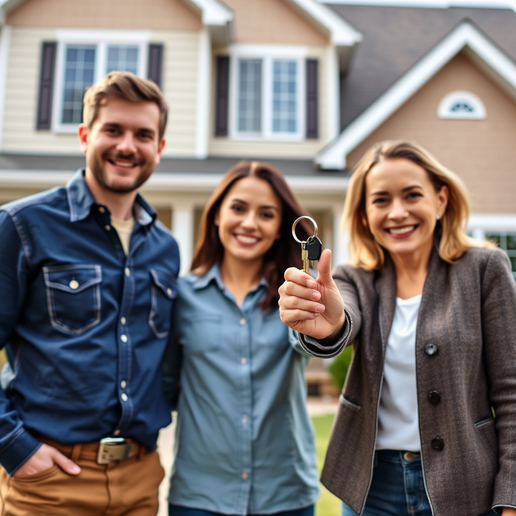 Happy family holding house keys in front of their new home, representing successful home financing and mortgage approval