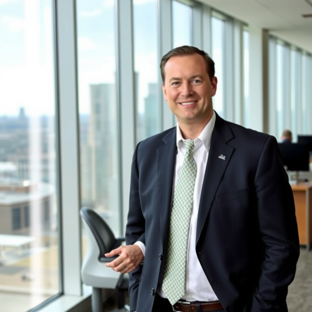 Professional headshot of Chief Executive Officer in business suit standing in modern banking office with Arkansas skyline visible through windows