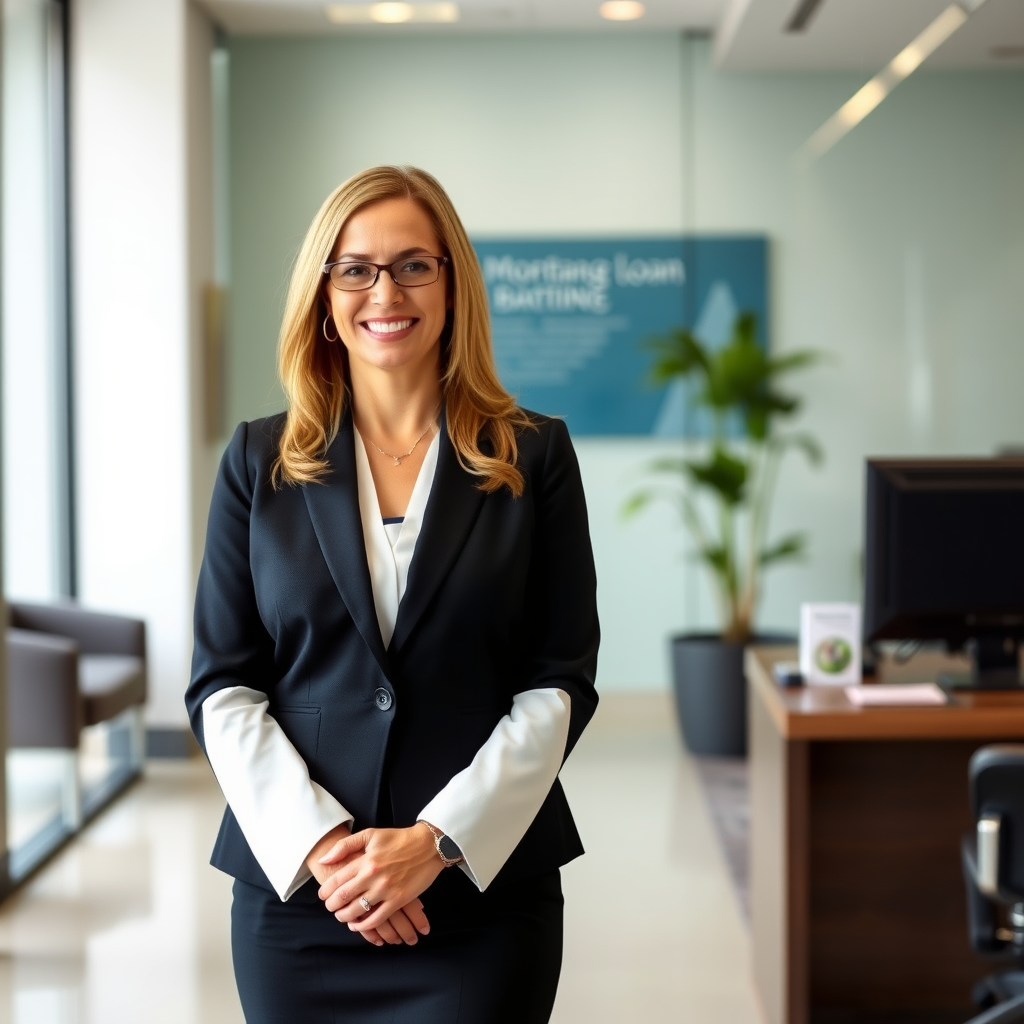Sarah Mitchell, Senior Mortgage Loan Officer in professional business attire standing in modern banking office