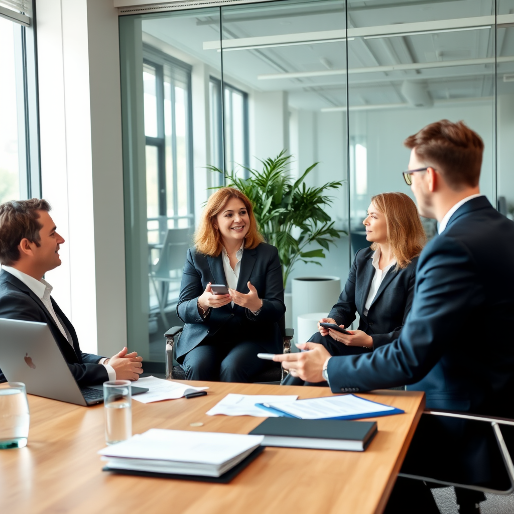 Professional financial advisors team meeting in modern office discussing investment strategies and wealth management solutions