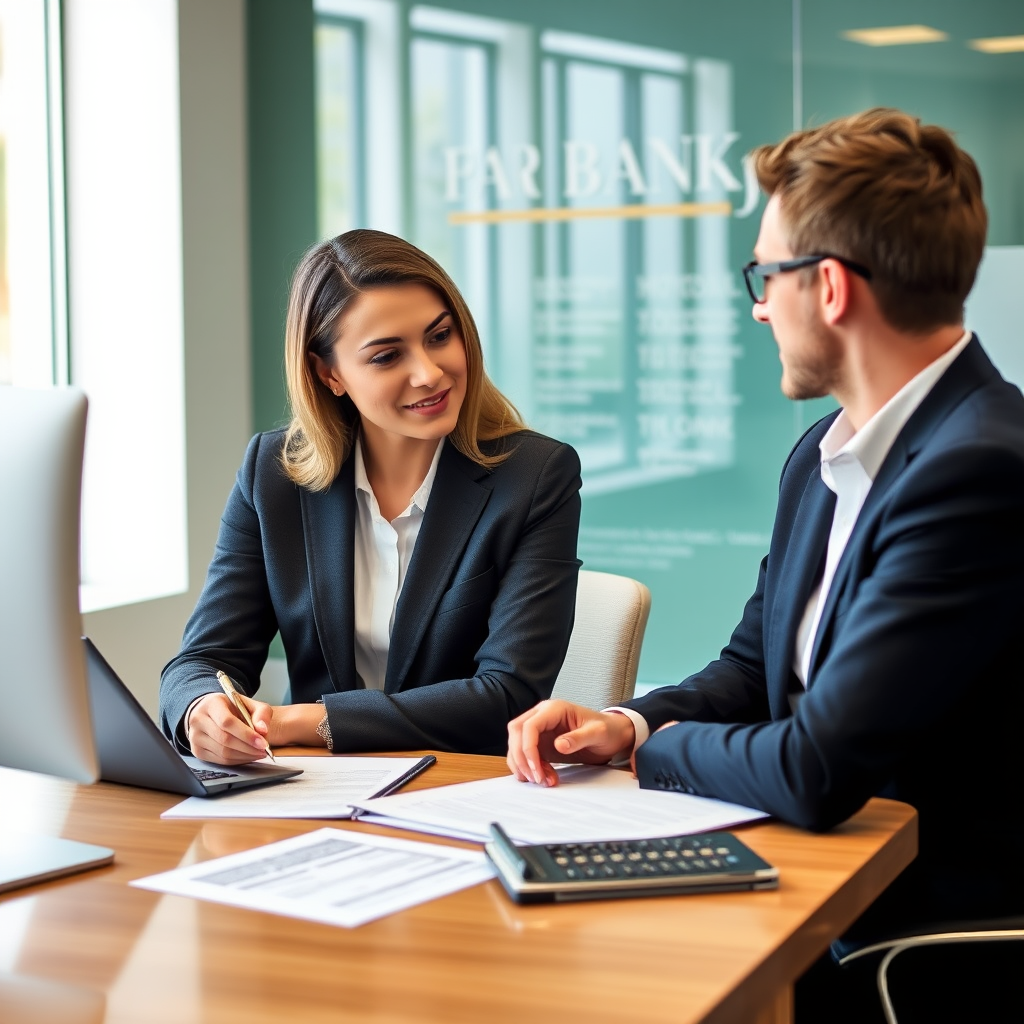 Mortgage lending specialists consulting with clients at desk with documents and calculator, representing home financing and personal credit expertise in professional banking environment