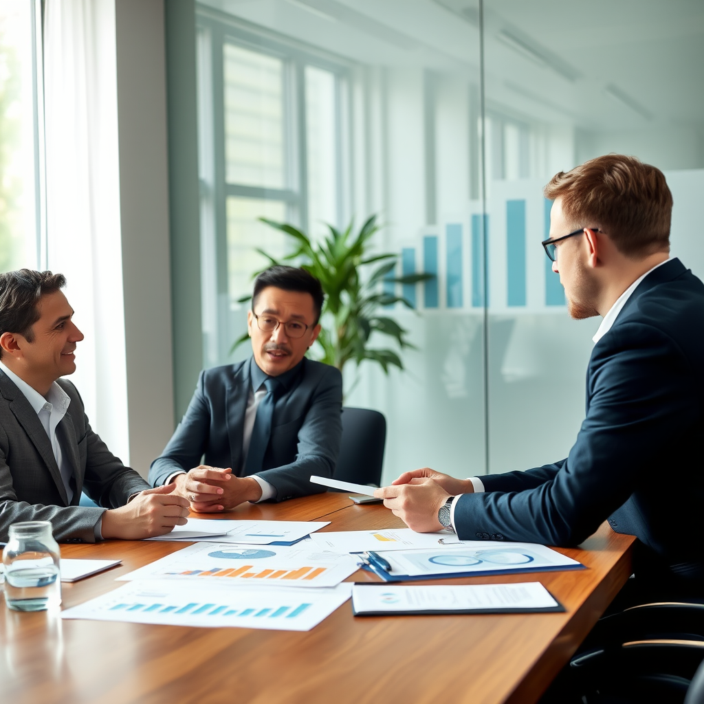 Business meeting with entrepreneurs and financial specialists discussing business financing options, charts and growth projections visible on conference table