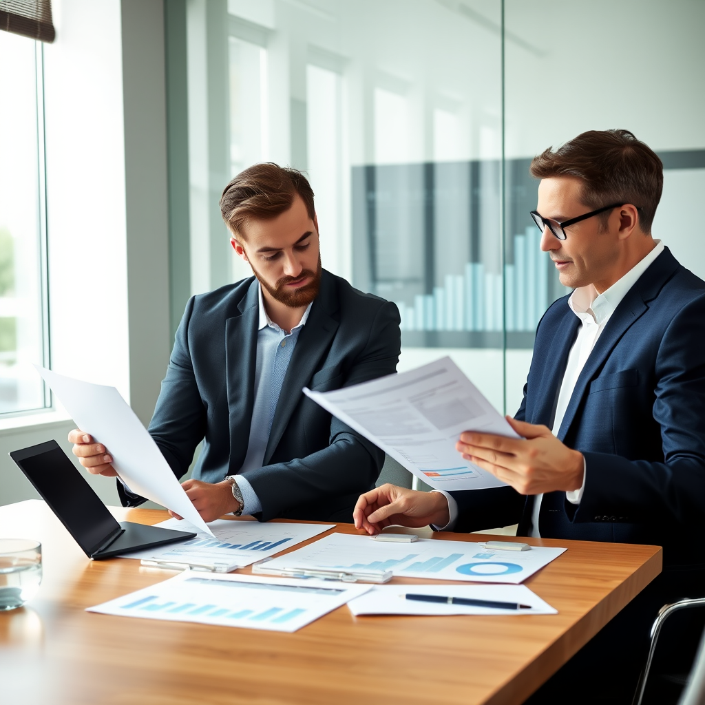 Business owners reviewing financial documents and charts in modern conference room, discussing business financing and growth strategies