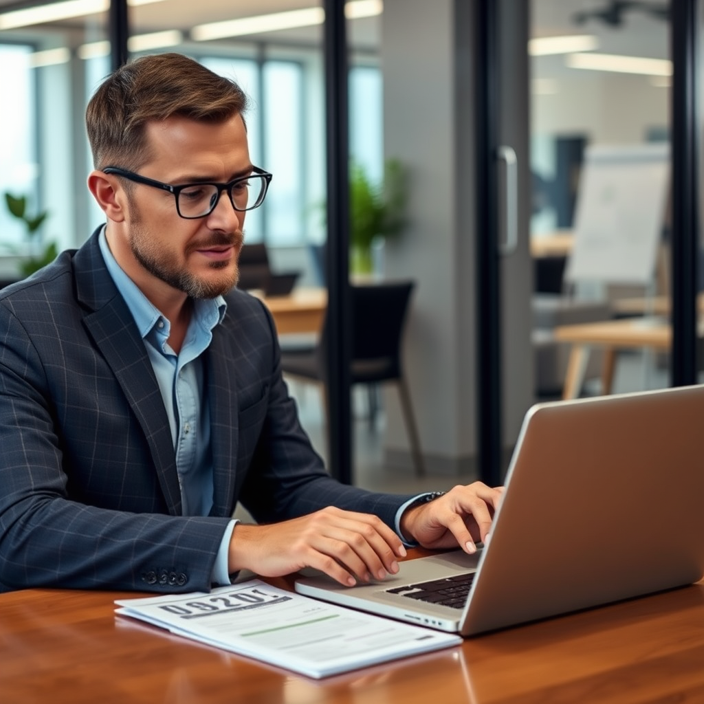 Business owner reviewing cash flow statements and working capital requirements on a laptop in a modern office setting