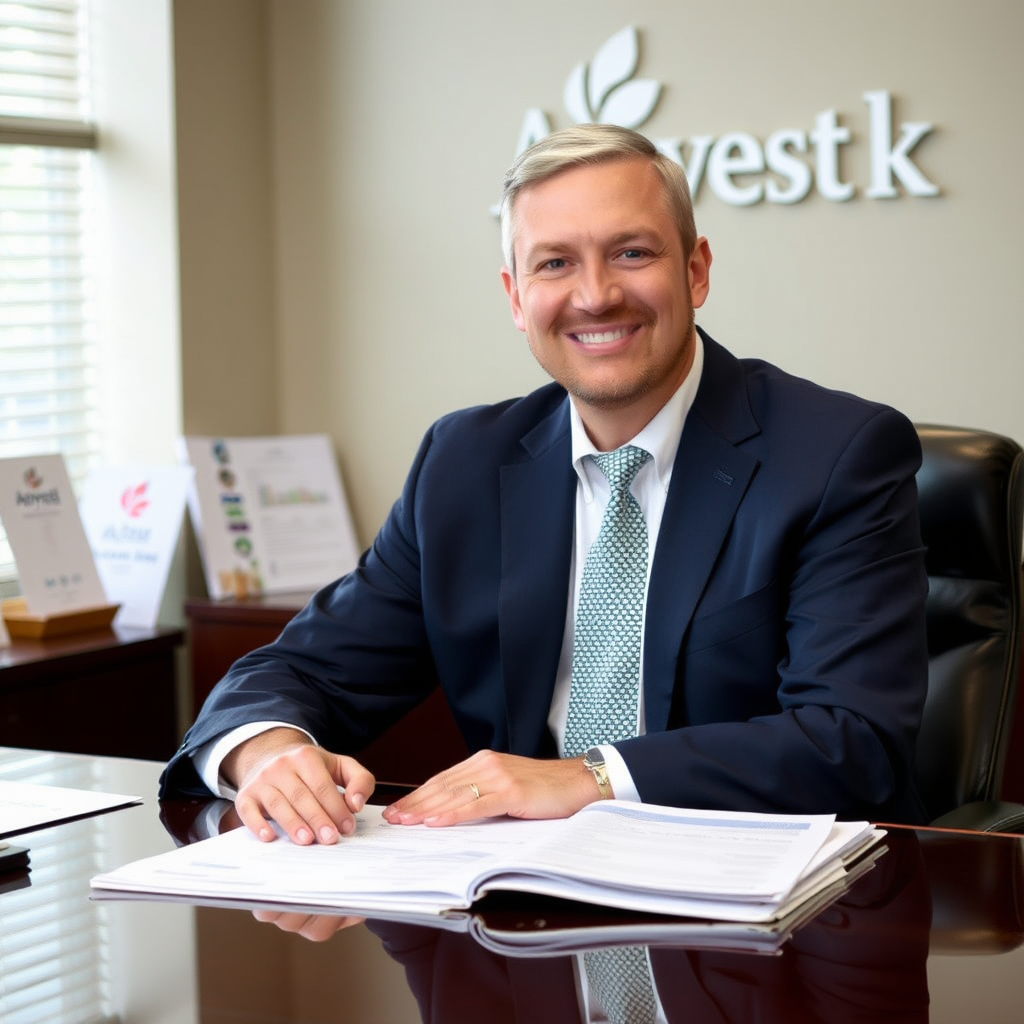 Professional portrait of Chief Financial Officer in navy business attire sitting at executive desk with financial reports and Arvest Bank logo visible in background