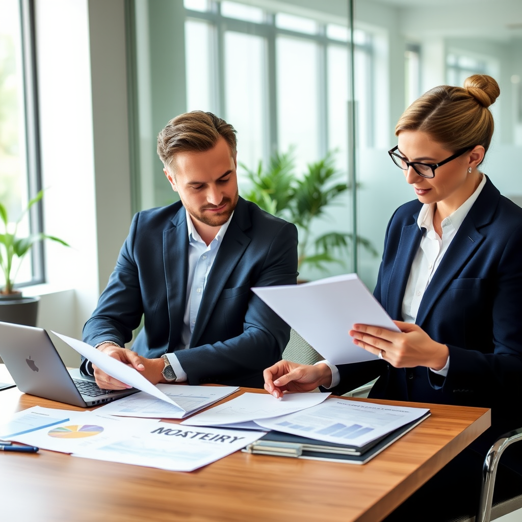 Certified financial advisors reviewing investment portfolios and retirement planning documents with clients in modern office setting, representing wealth management and advisory services