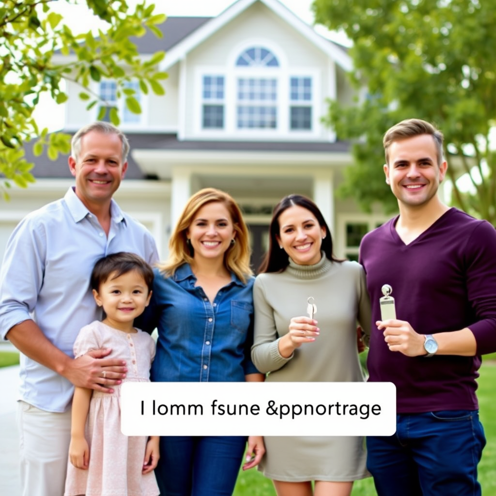 Happy family standing in front of beautiful new home with keys in hand, representing successful home financing and mortgage approval process