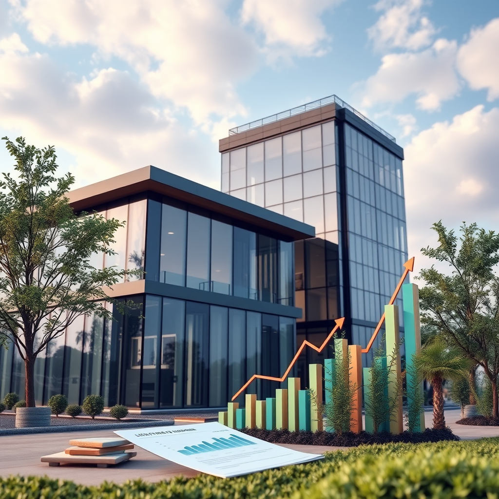 Modern business expansion concept showing new office construction and growth charts with financial planning documents