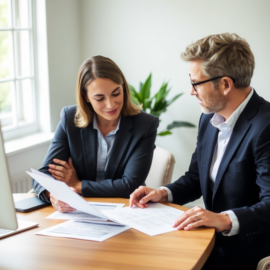 Professional mortgage consultant reviewing home financing documents with clients, showing the personalized service approach