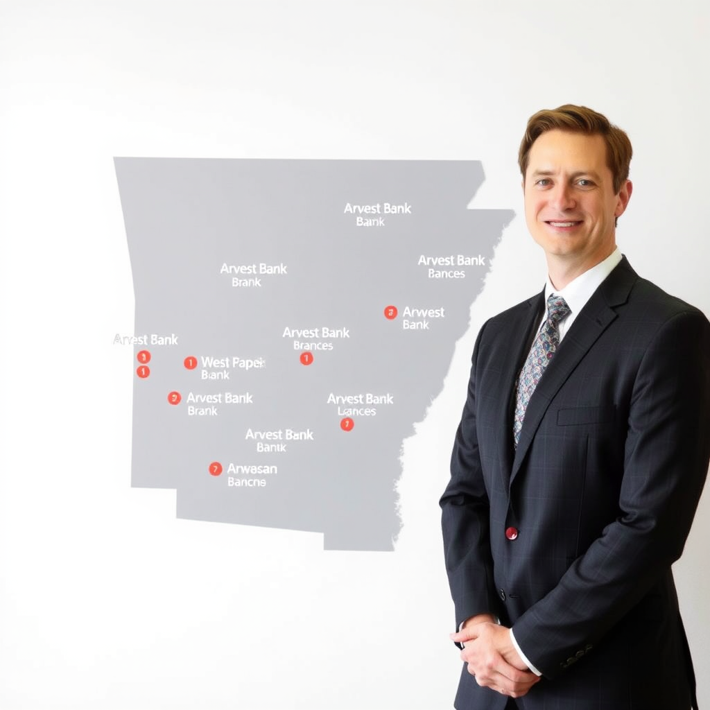 Professional headshot of Regional Vice President in charcoal suit standing in front of Arkansas state map with multiple Arvest Bank branch locations marked