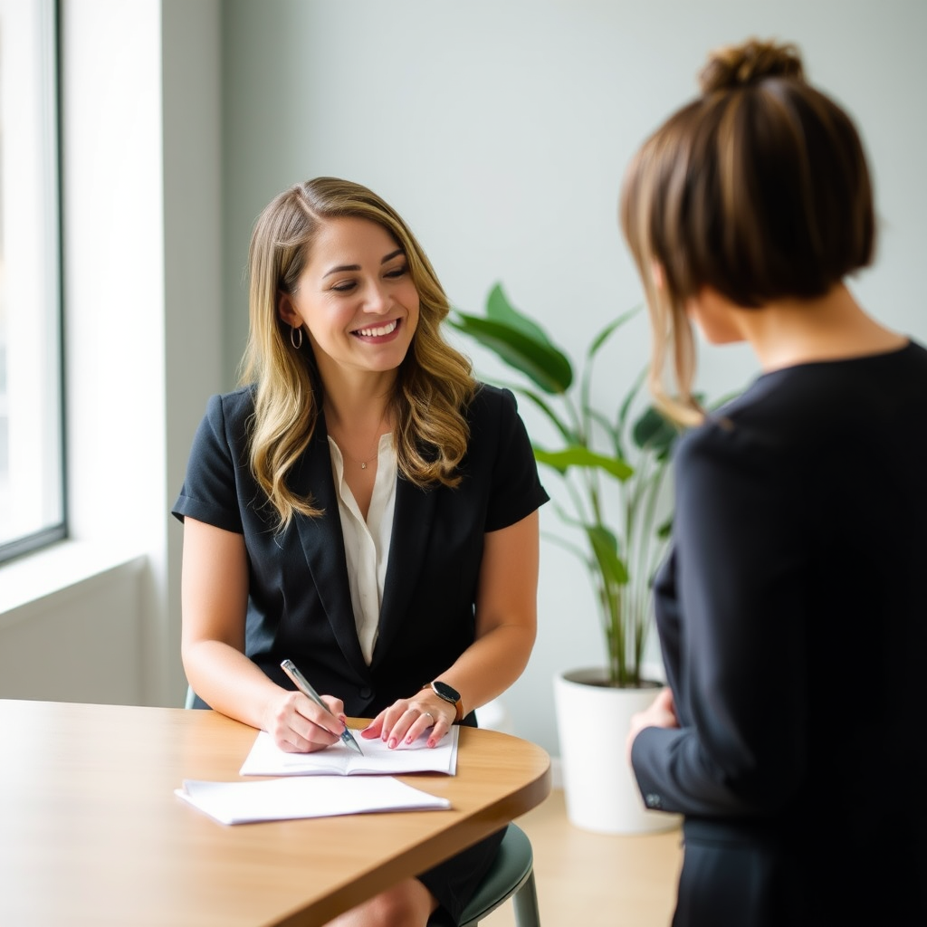 Jennifer Thompson, Personal Credit Advisor in professional attire consulting with client