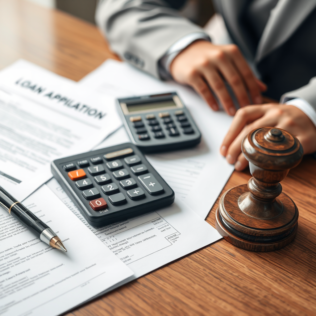 Business loan application process showing documents, calculator, and approval stamp on a professional desk