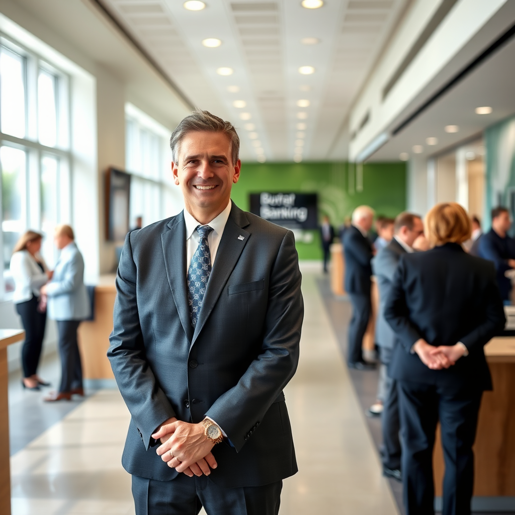 Professional portrait of Regional Vice President in business attire standing in modern Missouri banking branch with customers and staff visible in background