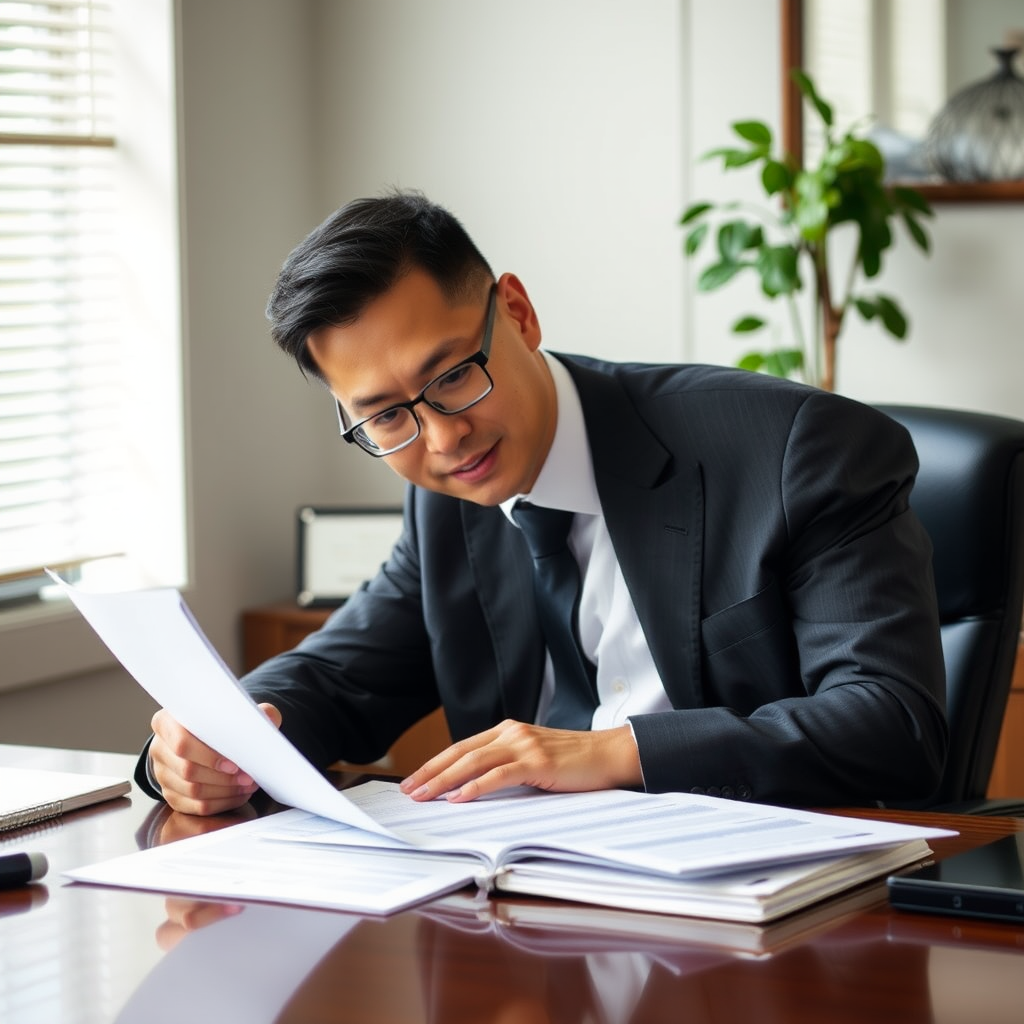 David Chen, Mortgage Underwriter in business attire reviewing loan documents at desk