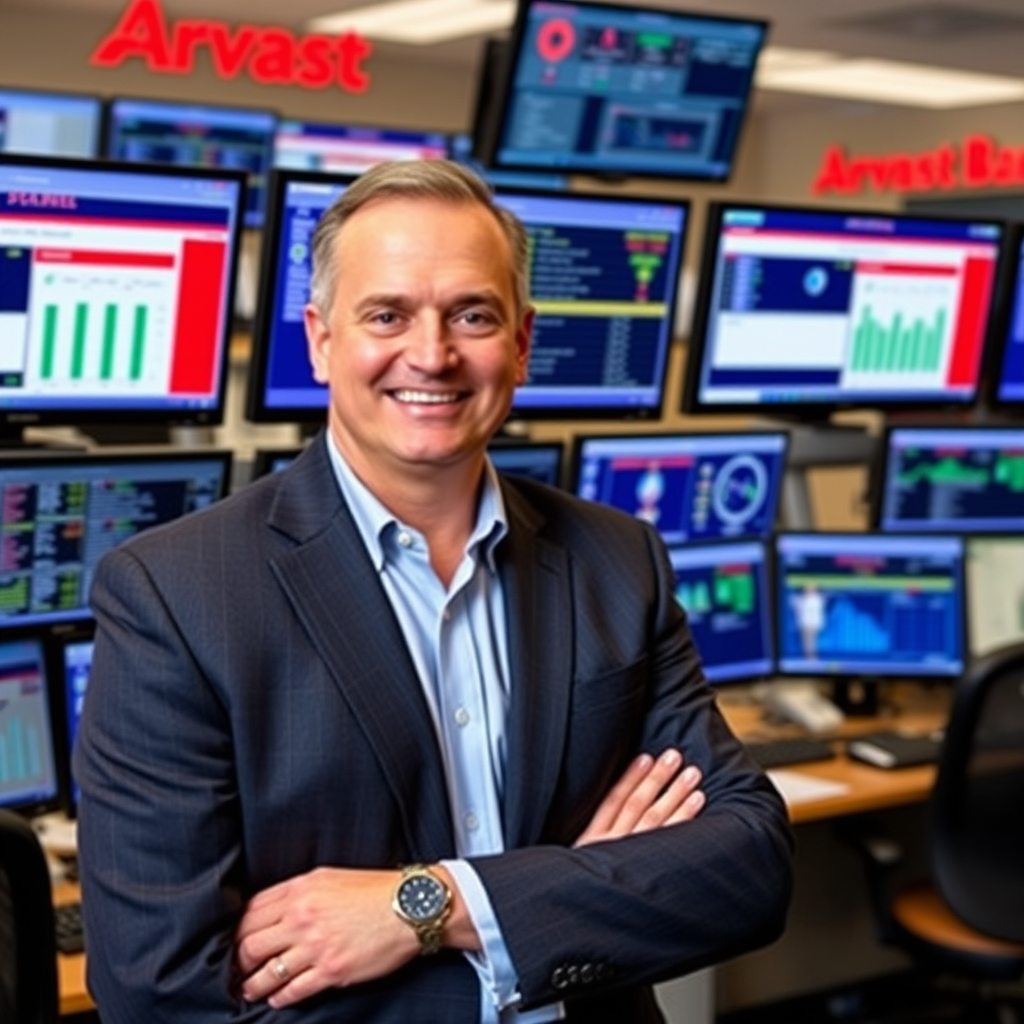 Professional headshot of Chief Operations Officer in executive business attire standing in Arvest Bank operations center with multiple computer screens showing banking systems and customer service metrics