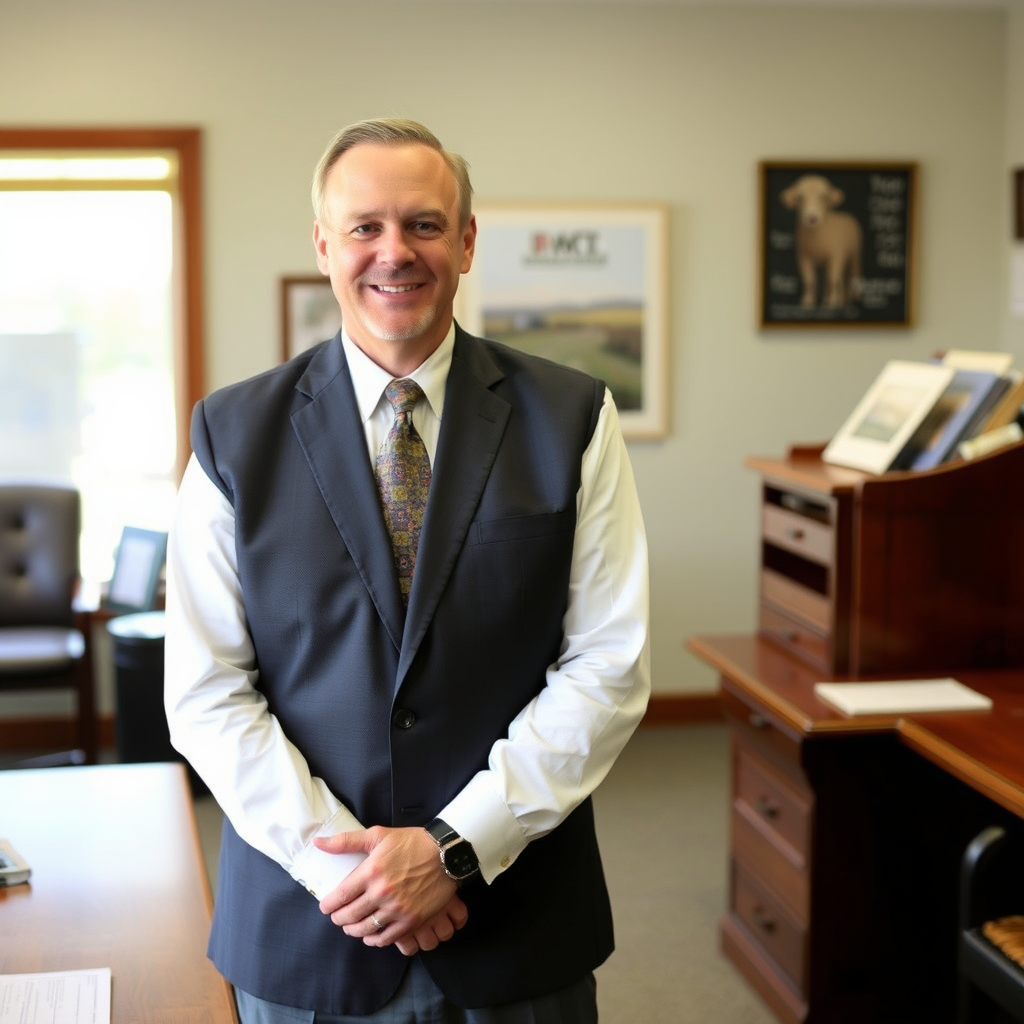 Robert Williams, Agricultural Lending Expert in business attire standing in rural banking office